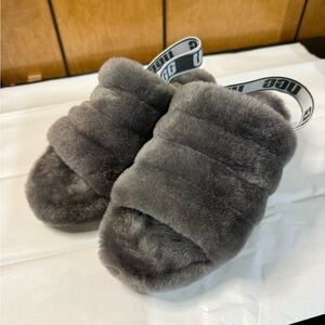 UGG Gray Plush Slip-On with Elastic Heel Strap